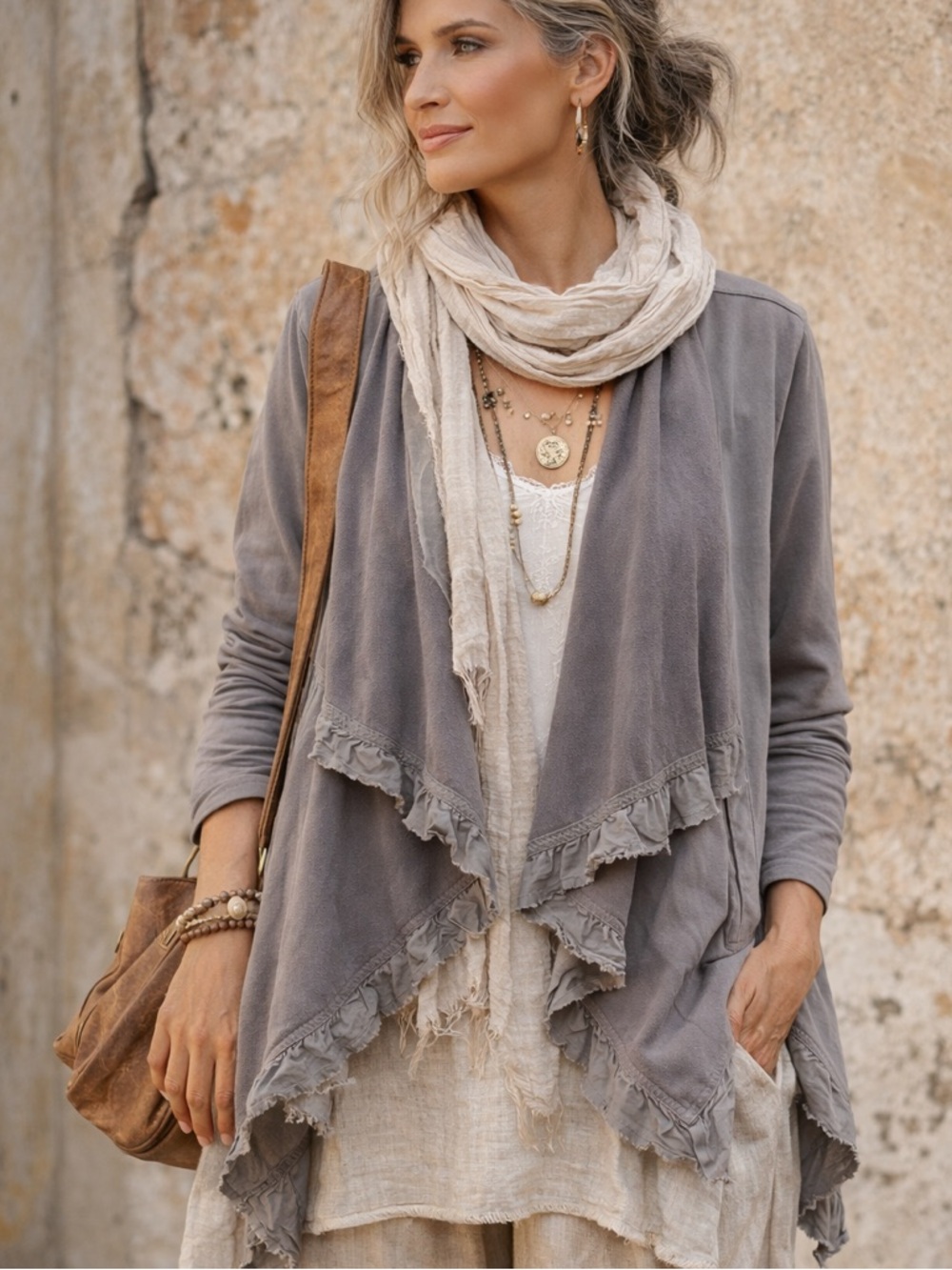BACCINI Boho Open Front Cardigan Ruffle Trim Taupe/Gray Lagenlook Layering Piece
